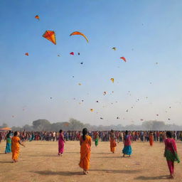 Vibrant and colorful Sankranti festival celebration with kites flying in the sky, bonfires, Rangoli designs on the ground and people in traditional Indian attire