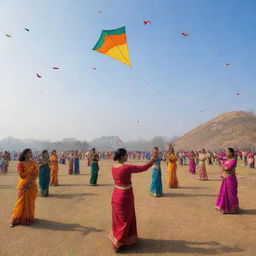 Vibrant and colorful Sankranti festival celebration with kites flying in the sky, bonfires, Rangoli designs on the ground and people in traditional Indian attire