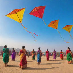 Vibrant and colorful Sankranti festival celebration with kites flying in the sky, bonfires, Rangoli designs on the ground and people in traditional Indian attire