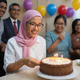 A radiant young Indonesian woman wearing a headscarf, glasses, exhibiting joy as she cuts a birthday cake. The room behind her is bustling with festivity, people, wrapped presents, and birthday decorations.