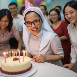 A radiant young Indonesian woman wearing a headscarf, glasses, exhibiting joy as she cuts a birthday cake. The room behind her is bustling with festivity, people, wrapped presents, and birthday decorations.