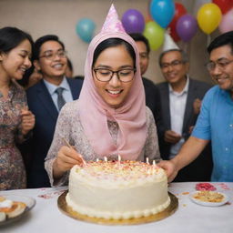 A radiant young Indonesian woman wearing a headscarf, glasses, exhibiting joy as she cuts a birthday cake. The room behind her is bustling with festivity, people, wrapped presents, and birthday decorations.