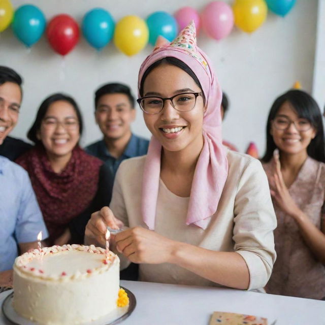 A radiant young Indonesian woman wearing a headscarf, glasses, exhibiting joy as she cuts a birthday cake. The room behind her is bustling with festivity, people, wrapped presents, and birthday decorations.