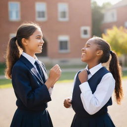 Two joyful girls in school uniforms engaged in a lively conversation in a schoolyard brightened with sunlight.