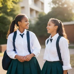 Two joyful girls in school uniforms engaged in a lively conversation in a schoolyard brightened with sunlight.