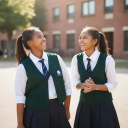 Two joyful girls in school uniforms engaged in a lively conversation in a schoolyard brightened with sunlight.