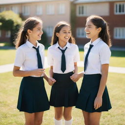 Two joyful girls in school uniforms engaged in a lively conversation in a schoolyard brightened with sunlight.