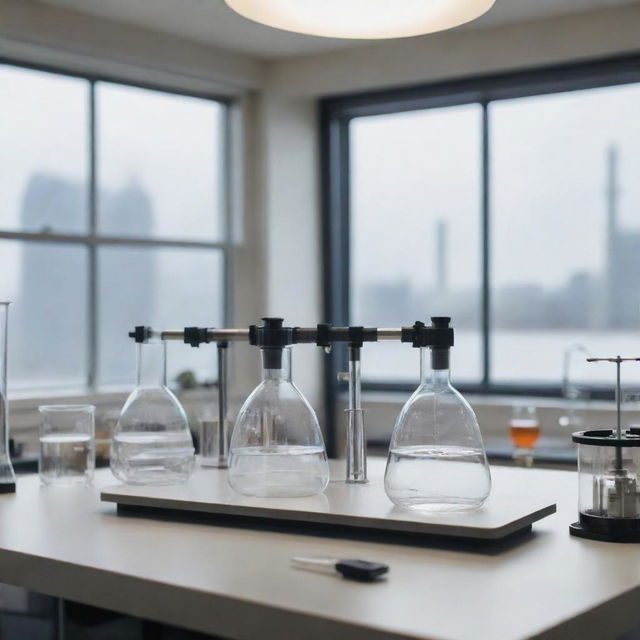 A detailed scientific setup with two clear glass beakers as the focal point, with visible tubes and instruments poised to react and produce CO2. The scene is well-lit, with the laboratory environment in the background.