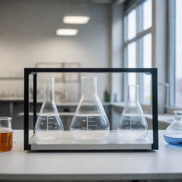 A detailed scientific setup with two clear glass beakers as the focal point, with visible tubes and instruments poised to react and produce CO2. The scene is well-lit, with the laboratory environment in the background.