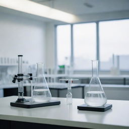 A detailed scientific setup with two clear glass beakers as the focal point, with visible tubes and instruments poised to react and produce CO2. The scene is well-lit, with the laboratory environment in the background.