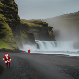 Santa Claus hoisting a sack of gifts over his shoulder, standing amidst the snowy plains of Iceland that are illuminated by the ethereal Northern Lights.