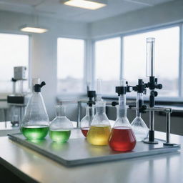 A detailed scientific setup with two clear glass beakers as the focal point, with visible tubes and instruments poised to react and produce CO2. The scene is well-lit, with the laboratory environment in the background.