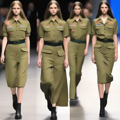 The fashion designer showcased a trendy outfit inspired by the classic uniform of a rover in the Boy Scouts movement.