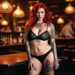 This is a high-quality photograph featuring a fiery redhead with a multitude of tattoos adorning her body