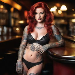 This is a high-quality photograph featuring a fiery redhead with a multitude of tattoos adorning her body