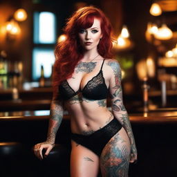 This is a high-quality photograph featuring a fiery redhead with a multitude of tattoos adorning her body