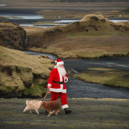 Santa Claus hoisting a sack of gifts over his shoulder, standing amidst the snowy plains of Iceland that are illuminated by the ethereal Northern Lights.