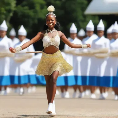 During the religious ceremony, a majorette led the procession with her mesmerizing baton twirling.