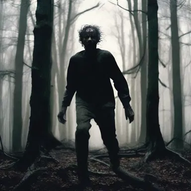 The protagonist in the horror movie ran clumsily through the dark forest, tripping over roots and branches.