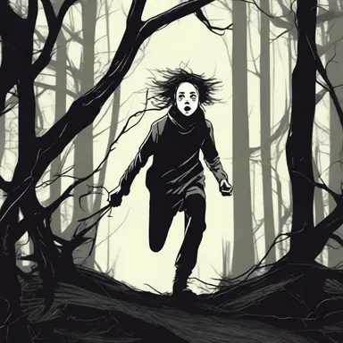 The protagonist in the horror movie ran clumsily through the dark forest, tripping over roots and branches.