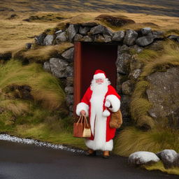 Santa Claus hoisting a sack of gifts over his shoulder, standing amidst the snowy plains of Iceland that are illuminated by the ethereal Northern Lights.