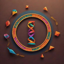 A DNA strand beautifully intertwined with various symbols from distinct Indian cultures celebrating Makar Sankranti - kites, bonfires, sweets, and festive decorations.