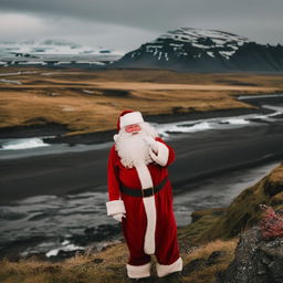 Santa Claus hoisting a sack of gifts over his shoulder, standing amidst the snowy plains of Iceland that are illuminated by the ethereal Northern Lights.