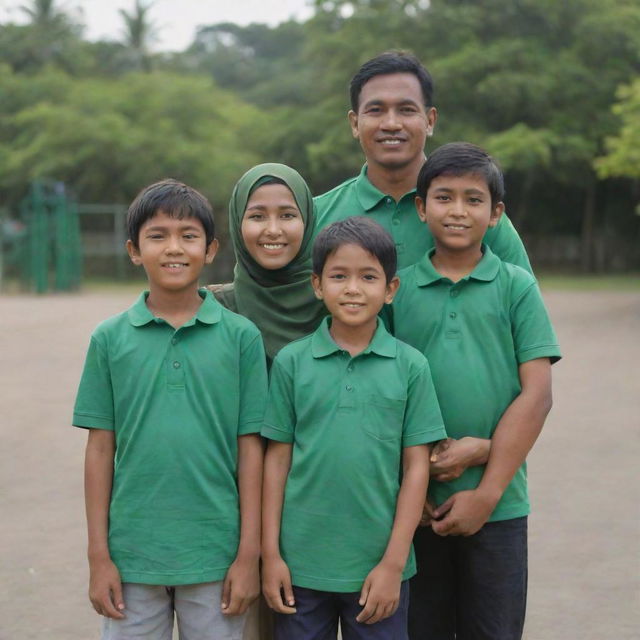 A small Indonesian family portrait. The father is dressed in a green shirt, the mother wears a matching headscarf. Their twelve-year-old daughter also wears a headscarf. Pictured with their ten-year-old son, and three-year-old son in a playground. Render in 4K, HD quality.