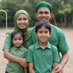 A small Indonesian family portrait. The father is dressed in a green shirt, the mother wears a matching headscarf. Their twelve-year-old daughter also wears a headscarf. Pictured with their ten-year-old son, and three-year-old son in a playground. Render in 4K, HD quality.