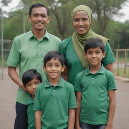 A small Indonesian family portrait. The father is dressed in a green shirt, the mother wears a matching headscarf. Their twelve-year-old daughter also wears a headscarf. Pictured with their ten-year-old son, and three-year-old son in a playground. Render in 4K, HD quality.