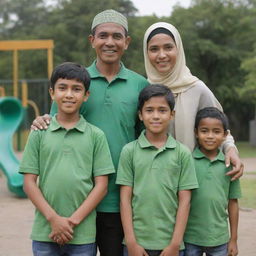 A small Indonesian family portrait. The father is dressed in a green shirt, the mother wears a matching headscarf. Their twelve-year-old daughter also wears a headscarf. Pictured with their ten-year-old son, and three-year-old son in a playground. Render in 4K, HD quality.