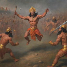 A dramatic scene depicting the epic battle between Hanuman and Ravan in a war field, showcasing their fierce expressions and the tense atmosphere of the battlefield