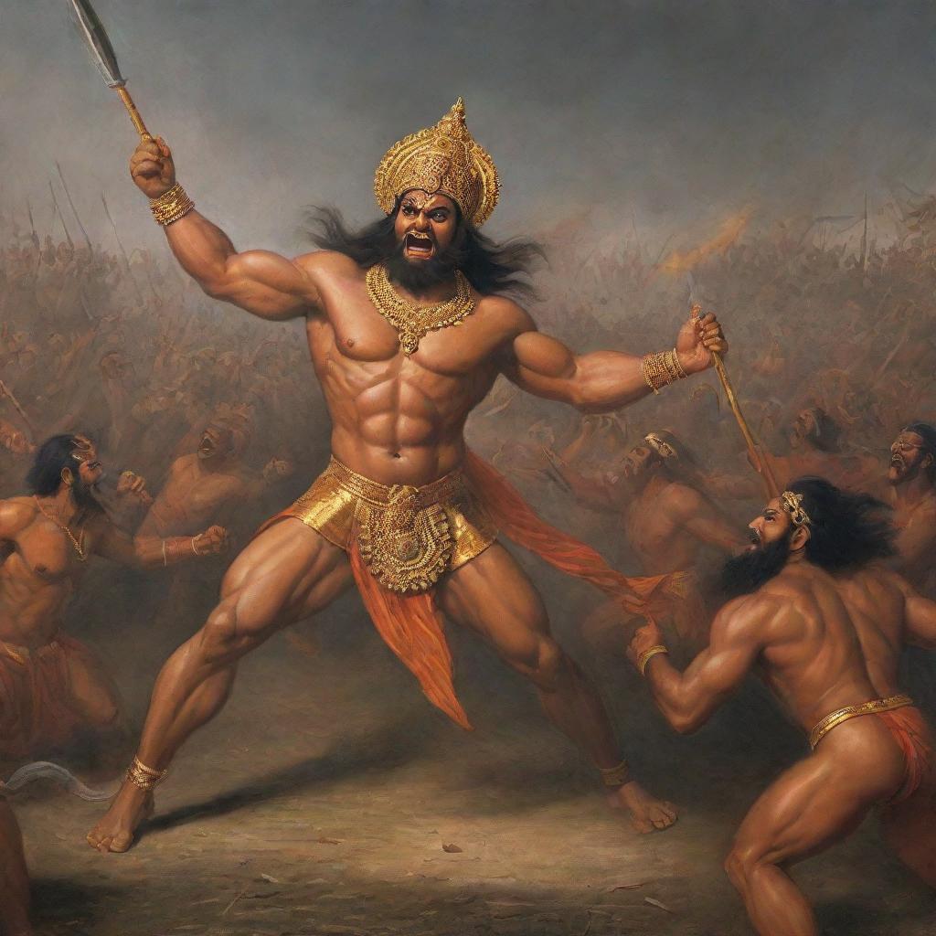 A dramatic scene depicting the epic battle between Hanuman and Ravan in a war field, showcasing their fierce expressions and the tense atmosphere of the battlefield