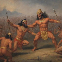 A dramatic scene depicting the epic battle between Hanuman and Ravan in a war field, showcasing their fierce expressions and the tense atmosphere of the battlefield