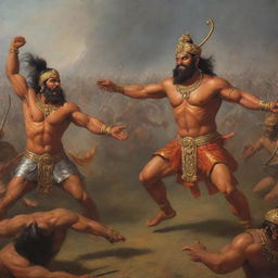 A dramatic scene depicting the epic battle between Hanuman and Ravan in a war field, showcasing their fierce expressions and the tense atmosphere of the battlefield