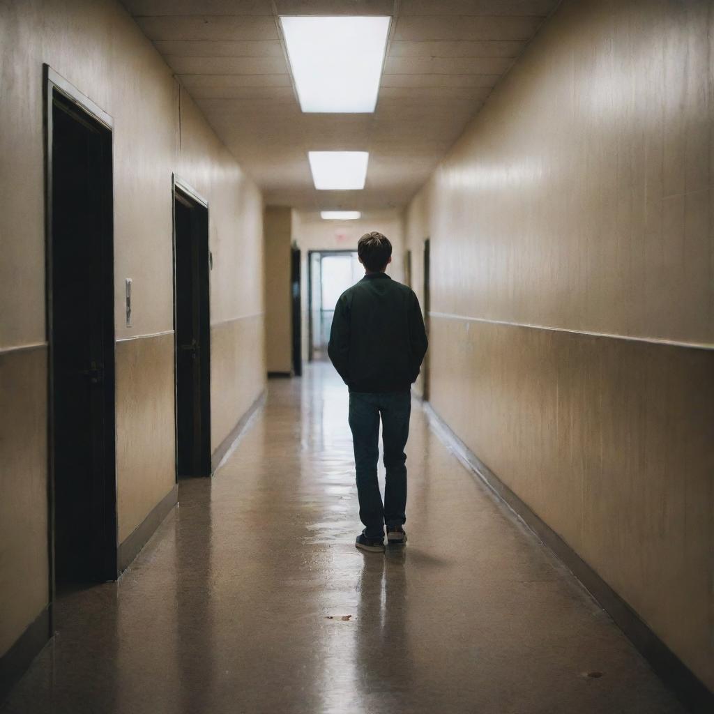 A lone figure standing in a school hallway, torn between two worlds. To the left, a dark and stormy scene symbolizing a toxic past. To the right, a bright and hopeful picture reflecting self-improvement. Their face is expressive, exuding both regret and determination.