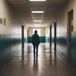 A lone figure standing in a school hallway, torn between two worlds. To the left, a dark and stormy scene symbolizing a toxic past. To the right, a bright and hopeful picture reflecting self-improvement. Their face is expressive, exuding both regret and determination.