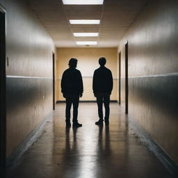 A lone figure standing in a school hallway, torn between two worlds. To the left, a dark and stormy scene symbolizing a toxic past. To the right, a bright and hopeful picture reflecting self-improvement. Their face is expressive, exuding both regret and determination.