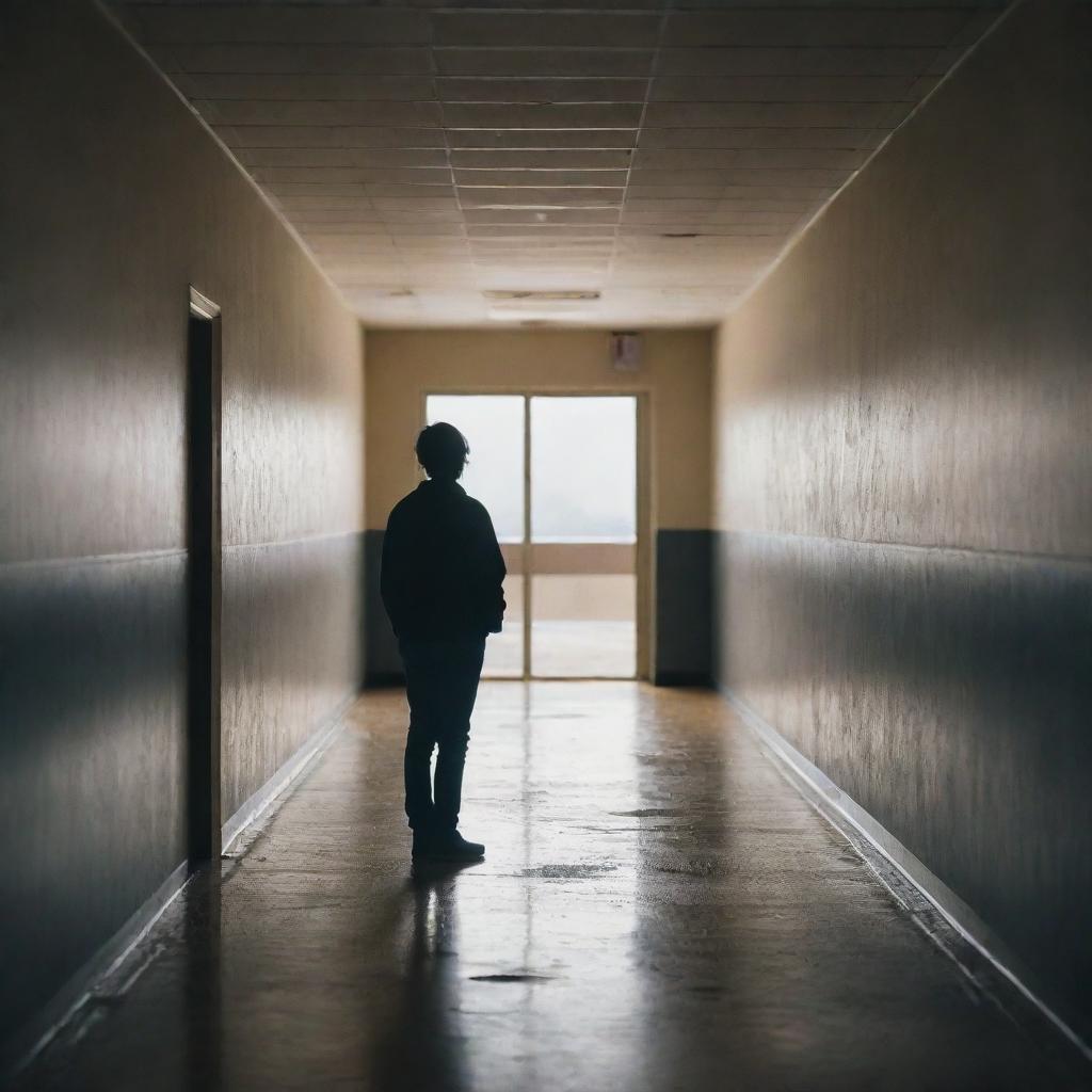 A lone figure standing in a school hallway, torn between two worlds. To the left, a dark and stormy scene symbolizing a toxic past. To the right, a bright and hopeful picture reflecting self-improvement. Their face is expressive, exuding both regret and determination.