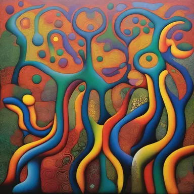 The painting depicts the intricate connection between human beings and nature, expressing the concept of life principle through vibrant colors and organic shapes.