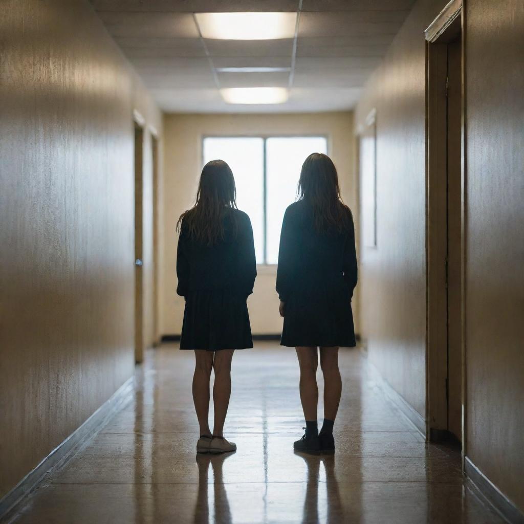 A lone female figure standing in a school hallway, torn between two worlds. To the left, a dark and stormy scene symbolizing a toxic past. To the right, a bright and hopeful picture reflecting self-improvement. Her face is expressive, exuding both regret and determination.