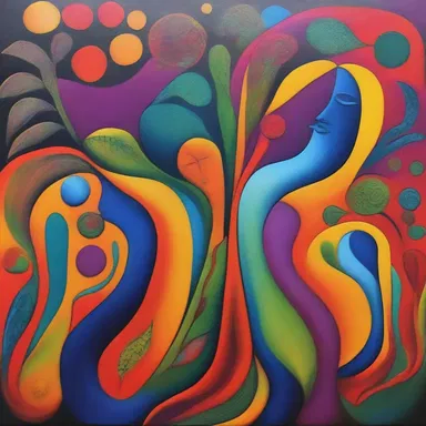 The painting depicts the intricate connection between human beings and nature, expressing the concept of life principle through vibrant colors and organic shapes.