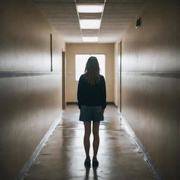 A lone female figure standing in a school hallway, torn between two worlds. To the left, a dark and stormy scene symbolizing a toxic past. To the right, a bright and hopeful picture reflecting self-improvement. Her face is expressive, exuding both regret and determination.