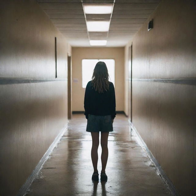 A lone female figure standing in a school hallway, torn between two worlds. To the left, a dark and stormy scene symbolizing a toxic past. To the right, a bright and hopeful picture reflecting self-improvement. Her face is expressive, exuding both regret and determination.