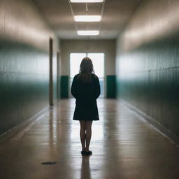 A lone female figure standing in a school hallway, torn between two worlds. To the left, a dark and stormy scene symbolizing a toxic past. To the right, a bright and hopeful picture reflecting self-improvement. Her face is expressive, exuding both regret and determination.