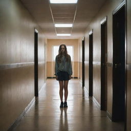 A lone female figure standing in a school hallway, torn between two worlds. To the left, a dark and stormy scene symbolizing a toxic past. To the right, a bright and hopeful picture reflecting self-improvement. Her face is expressive, exuding both regret and determination.