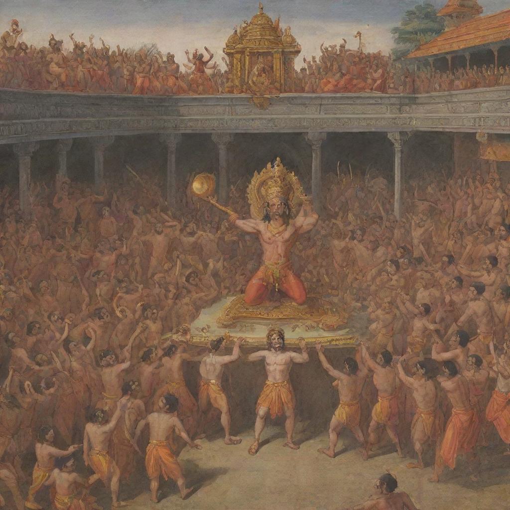 Illustrated scene portraying Hanuman striking Ravan in a populated royal court, filled with spectators expressing shock and awe