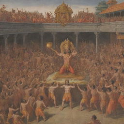 Illustrated scene portraying Hanuman striking Ravan in a populated royal court, filled with spectators expressing shock and awe