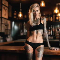 A high-quality photograph of a striking blonde woman with intricate tattoos at a bar