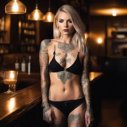 A high-quality photograph of a striking blonde woman with intricate tattoos at a bar